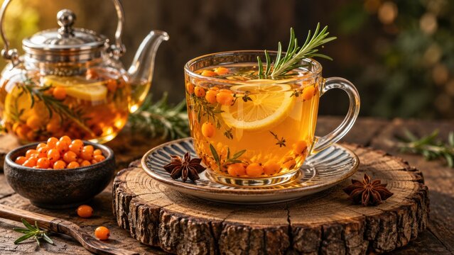 Sea buckthorn tea with lemon and rosemary in a glass cup with slices rosemary served cup hot orange