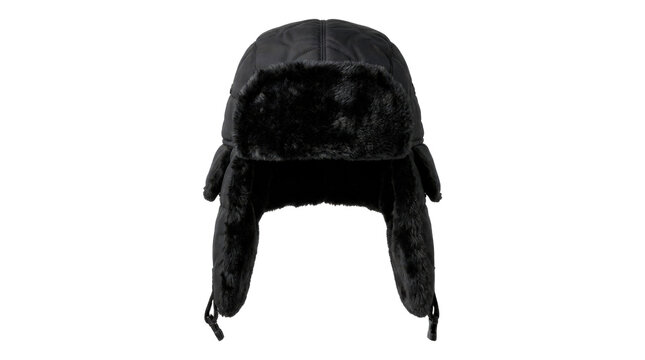 Black ushanka hat, traditional trapper silhouette with thick padded crown, plush ear flaps and soft insulated lining, photorealistic apparel product photography, straight-on front view, tack-sharp