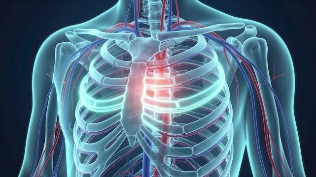 3d medical illustration of human chest anatomy featuring the rib cage, sternum, and circulatory system with a red glowing area indicating pain or heart health issues