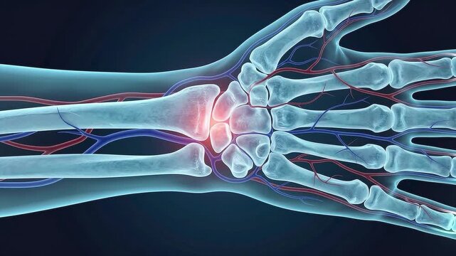 3d medical illustration of a human hand and wrist showing bones, veins, and arteries with red glowing area representing carpal tunnel syndrome, joint pain, or inflammation in the wrist