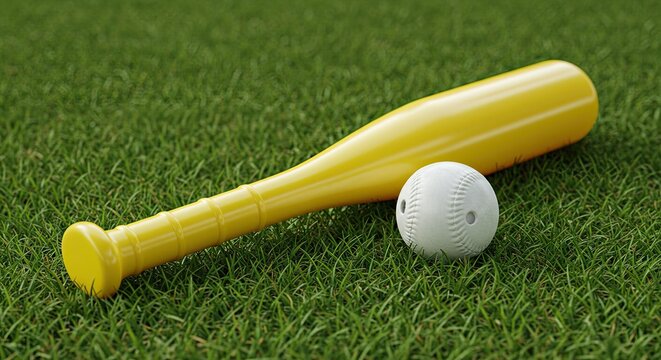 Yellow plastic toy baseball bat and white perforated ball lying on green grass in the backyard