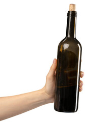 Fototapeta premium Hand holding a dark glass wine bottle with a cork in an indoor setting