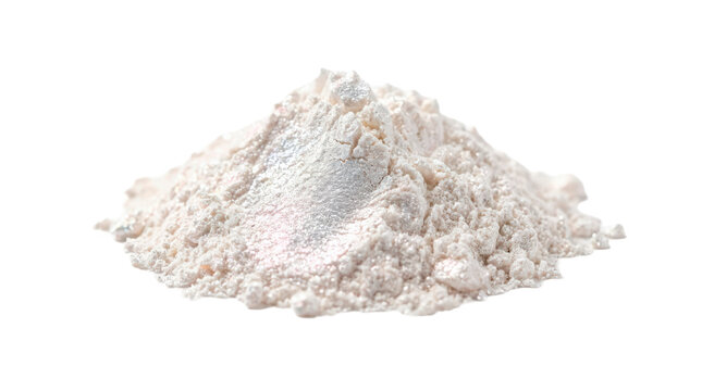 Small mound of white pearlescent mica powder with silky fine particles, luminous iridescent sheen and delicate mineral texture, photorealistic cosmetic pigment, macro three-quarter view, razor-sharp
