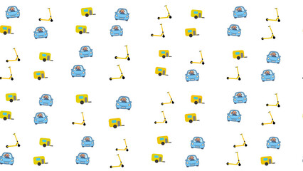 Cartoon pattern of cars, trailers, and scooters © lika