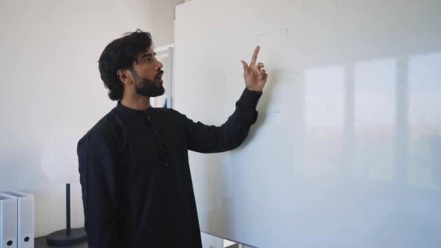Pakistani Business man in the office. Corporate scene in a modern office with a businessman from pakistan in traditional jubba kandora.