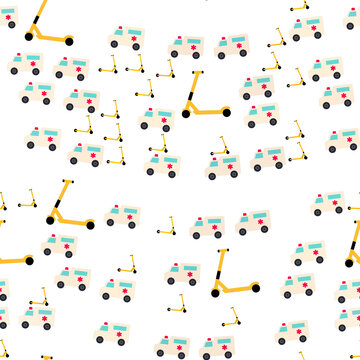 Seamless pattern of cartoon ambulances and yellow scooters