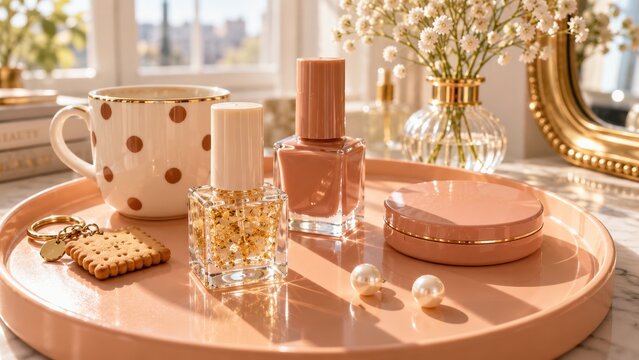 Peach colored cosmetic vanity tray with nail polish with marble surface holding bottles compact case