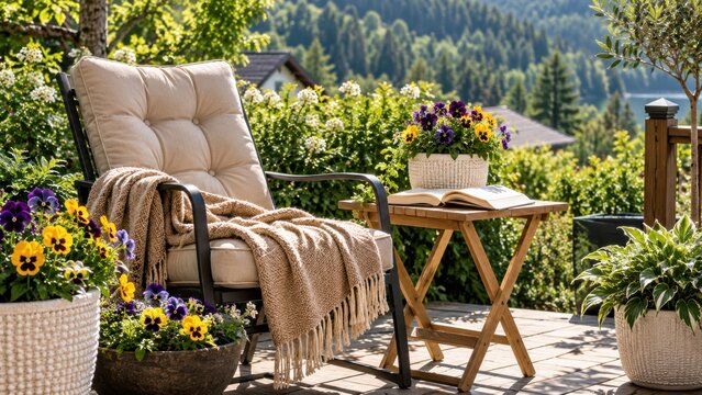 Cozy patio armchair with a book and flowers overlooking a scenic lake with comfortable outdoor chair