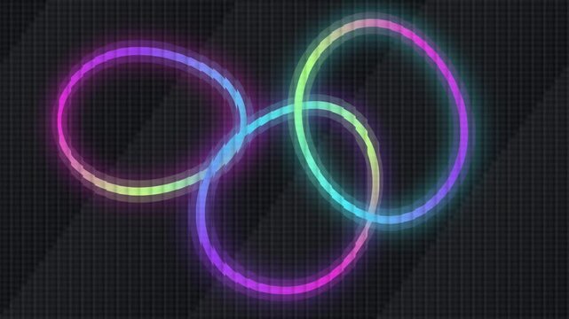 Interlocking glowing neon circles animation on a dark grid backdrop rings