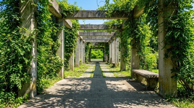 Concrete pergola walkway covered in lush green climbing vines with garden overgrown climbing pathway