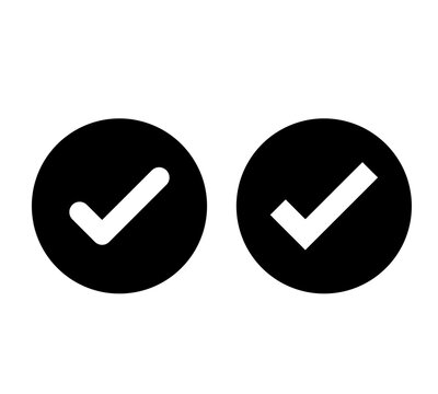 White right tick check mark icon vector on black circle over white background. flat style. tick icon for web site design, logo, app. Black circle with a white checkmark symbol. 