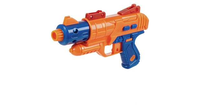 Colorful plastic toy gun blaster weapon childhood outdoor gaming object isolated on transparent background
