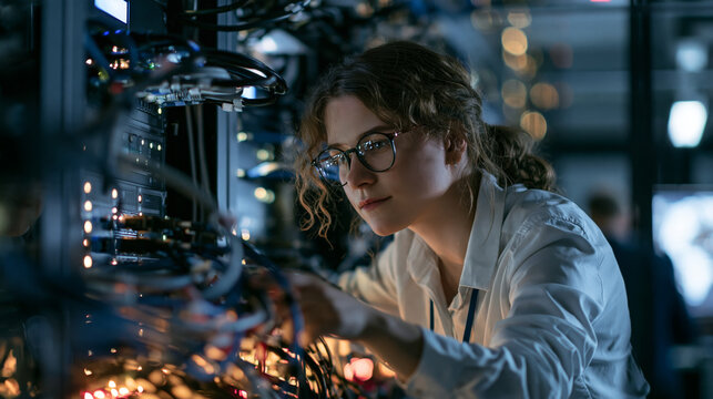 Woman configures server cables inside a data center rack with focused concentration