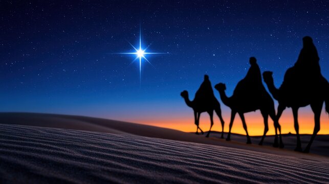 Three figures on camels walk through a desert at dusk