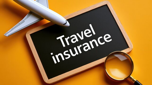 Travel insurance concept with airplane and magnifying glass