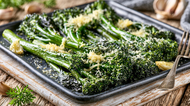 Roasted broccolini with parmesan and garlic in a rustic baking dish