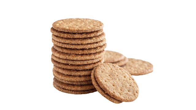 Vertical neat stack row of sweet crunchy golden biscuits pastry cookies isolated on transparent background