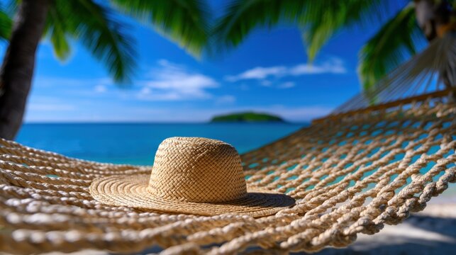 Tropical beach hammock with straw hat and ocean view