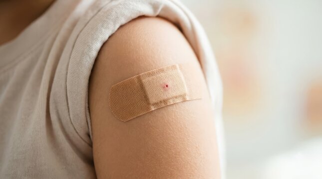 A close up shows the arm of a vaccine child with a small bandage covering the injection site after receiving a routine immunization shot during a doctor visit, underscoring the child