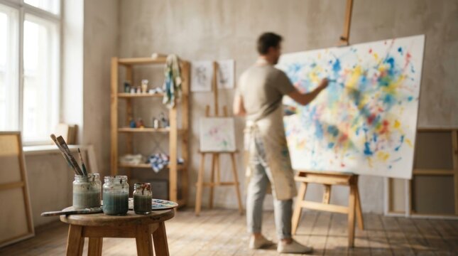Artist painting abstract art on canvas in studio