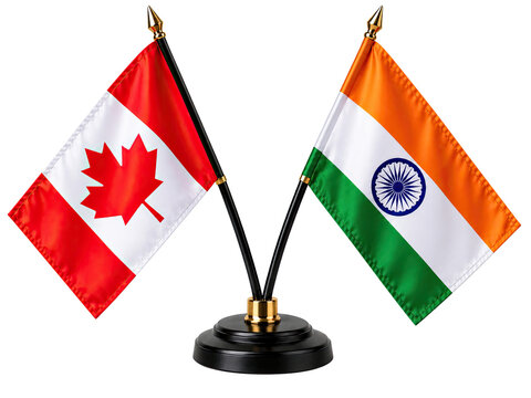 Canada and India National Flags on Desktop Stand Representing Bilateral Relations, International Cooperation, Cultural Diversity and Global Partnership