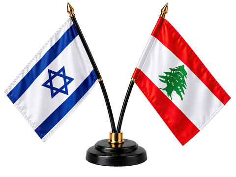 Israel and Lebanon National Flags Displayed Together on Desktop Stand Representing Regional Politics, International Relations and Sovereignty