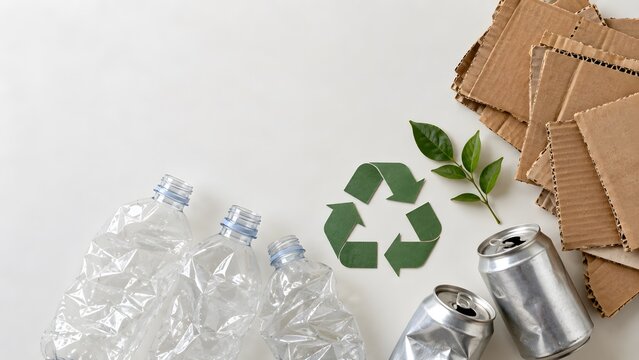 Recycling Concept with Crushed Plastic Bottles Aluminum Cans and Cardboard