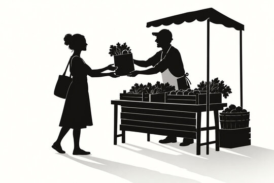 Market vendor serving a customer at a produce stall