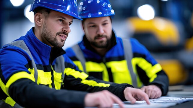 Two construction workers discussing blueprint in industrial setting