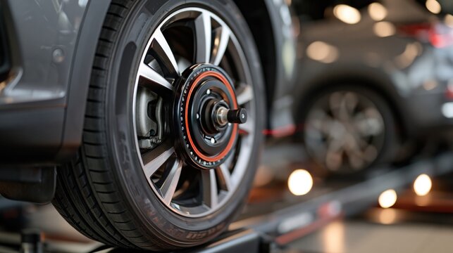 Vehicle wheel and tire close up in workshop setting