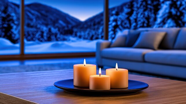 Warm candles glow in cozy room overlooking snowy mountain landscape