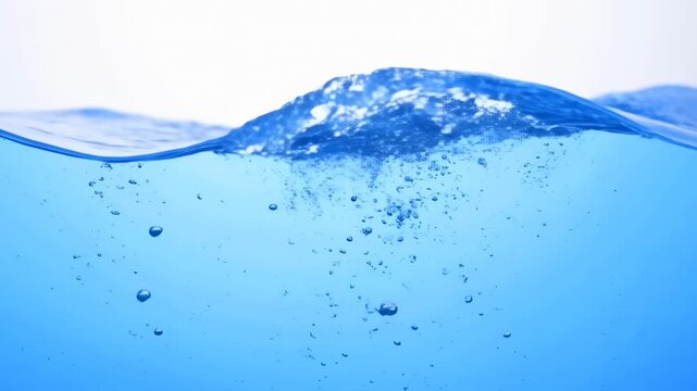 Blue water surface ripples underwater as bubbles rise through a bright upper field. Water-themed advertising, environmental presentations, and wellness media.