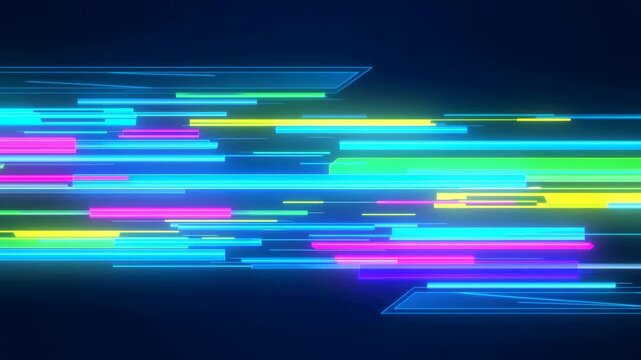 Neon digital light streaks move horizontally through an abstract futuristic space. Technology presentations, digital media intros, and website headers.