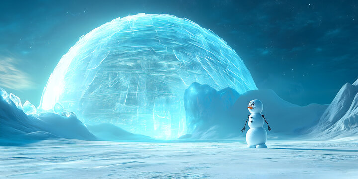 Snowman in Front of the Ice-Blue Dome