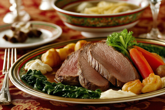 Traditional Austrian Tafelspitz served with roasted potatoes, carrots, spinach, and creamy horseradish sauce