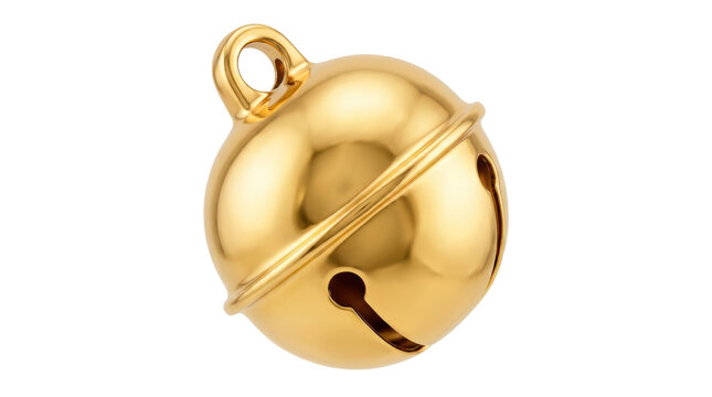 Golden bell, photorealistic festive polished gold jingle bell with a smooth metallic surface, classic rounded form, crisp decorative openings and brilliant reflective finish, three-quarter front view,