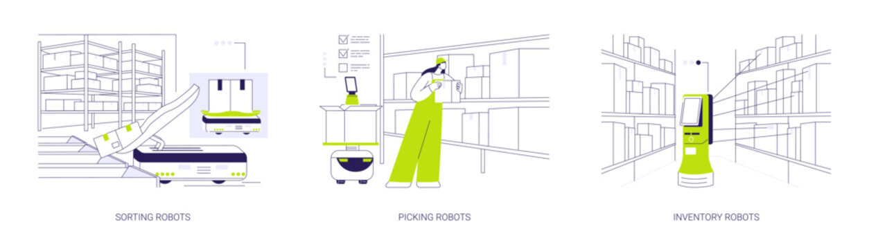 Autonomous mobile robots abstract concept vector illustrations.