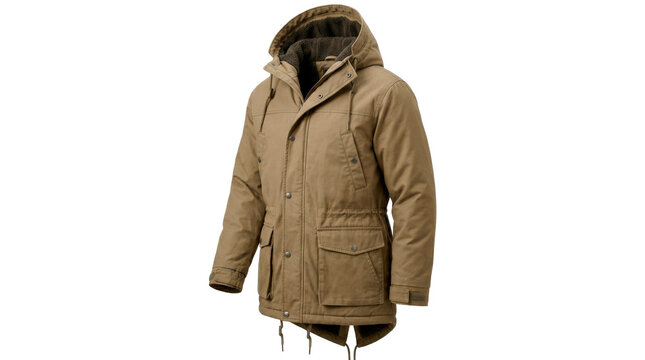 Khaki parka, rugged winter outerwear with warm lining, fishtail-inspired hem, deep hood and covered front zipper, photorealistic apparel product photography, three-quarter left view, tack-sharp focus,