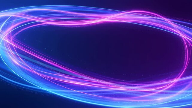 Neon light trails orbit through an elliptical ring in abstract digital space. Technology presentations, digital media, and science and innovation projects.