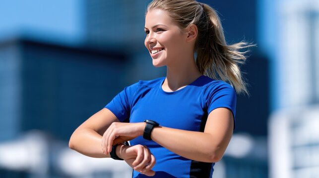 Woman checking smart watch during outdoor exercise