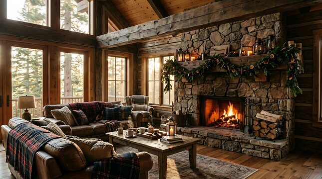 Cozy rustic cabin living room during daylight