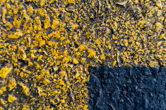 Close-up of rough textured yellow and black asphalt road markings