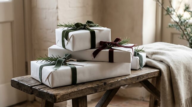 Wrapped Christmas presents stacked on wooden bench