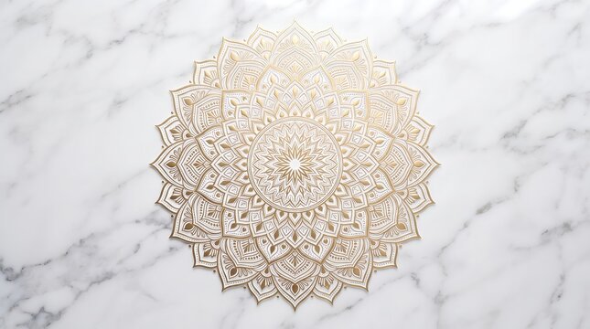 Elegant gold mandala pattern placed on a white marble texture background for luxurious interior design and spiritual decor