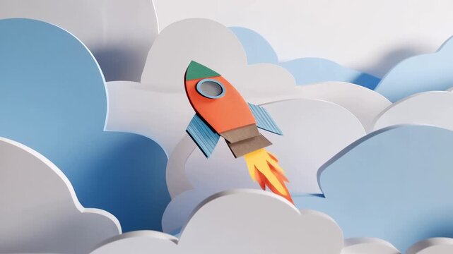 Cartoon rocket ascends through layered clouds in a colorful paper-cut sky. Science education, technology presentations, and aerospace promotion.