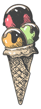 Chocolate ice cream scoops cone. Summer sweet drawing
