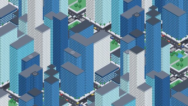 Isometric 3D skyscraper downtown loop, tall glass office towers and business district with moving traffic, low poly modern metropolis from above, corporate city animation for finance and business vide
