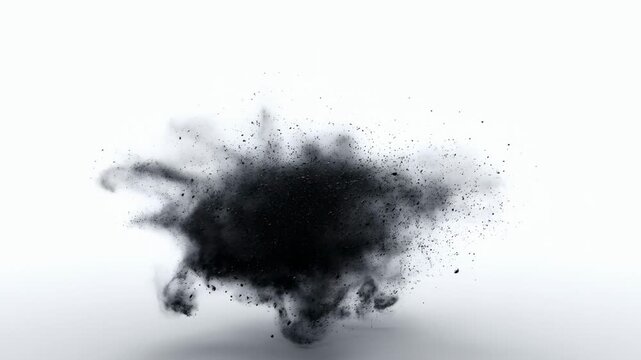 Black particle cloud expands and disperses across a clean white background. Motion graphics compositing, film transition effects, and advertising intros.