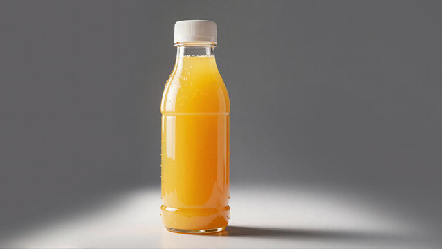 Glass bottle filled with fresh orange juice on a grey surface