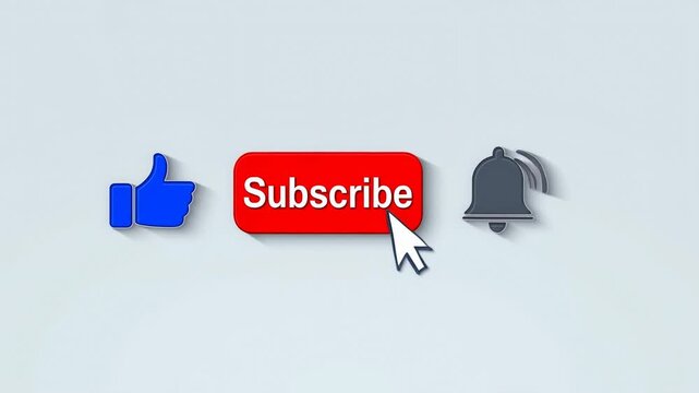 Animated social media subscribe button with cursor activating like and notification icons. Social media promotion, digital marketing campaigns, and creator engagement content.